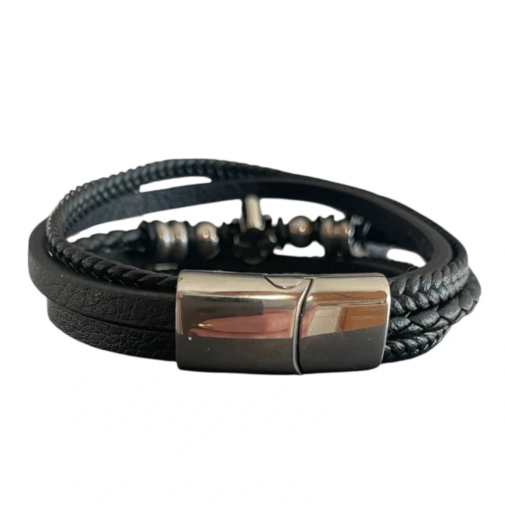 Black Leather Bracelet Braided Multi Strand Stainless Steel Cross Biyongde 8.5